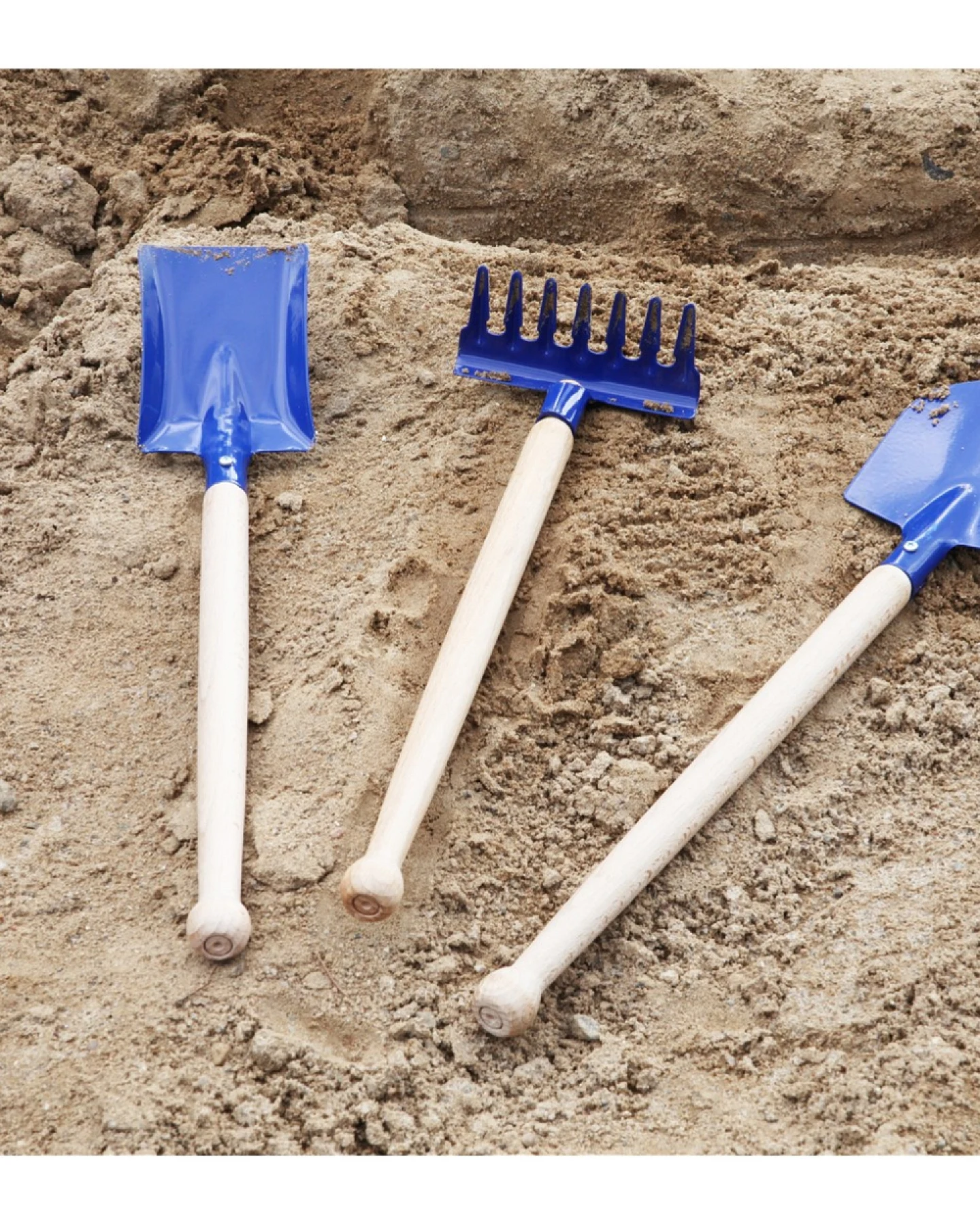 Sandspielzeug Metall und Holz, Harke, Schaufel, Spaten 3-teilig blau Länge 30-39 cm – Ansicht 2