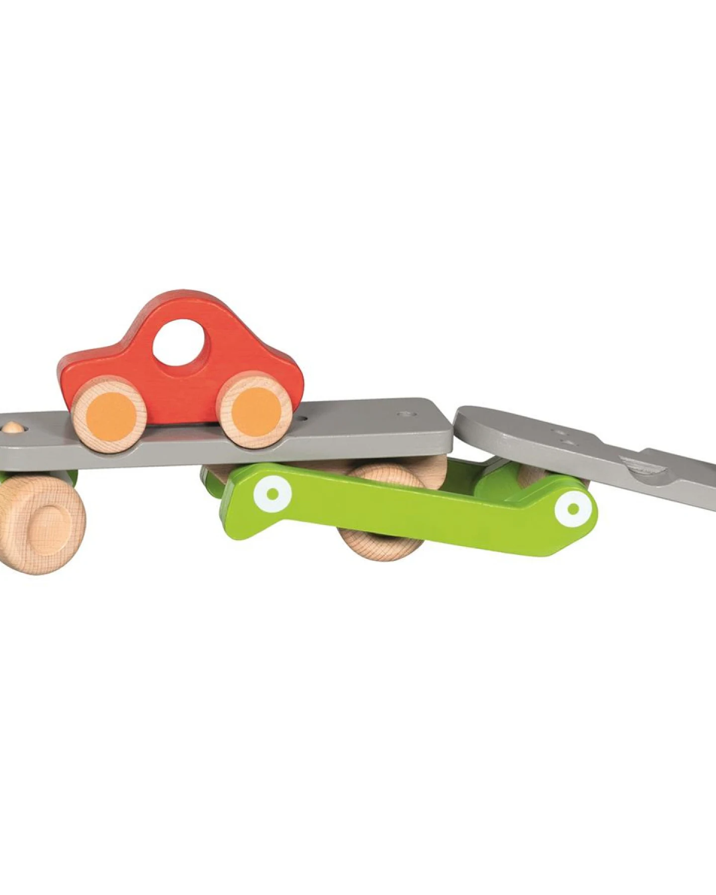goki Autotransporter aus Holz mit 2 Fahrzeugen, 3-teilig, bunt lackiert Maße 28 bzw. 44 x 8 x 17,5 cm – Ansicht 2