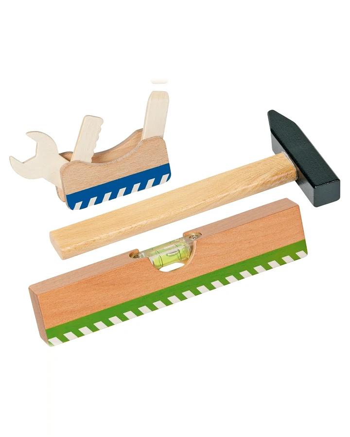 goki Kinder Werkzeug aus Holz 3er-Set, bunt lackiert Wasserwaage, Holzhammer, Multiwerkzeug