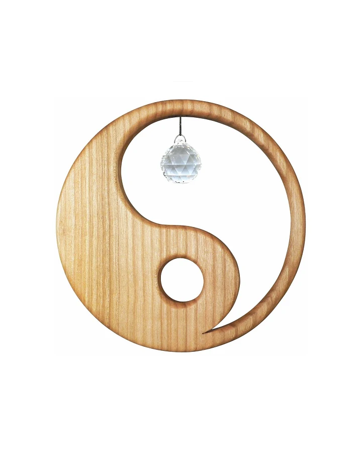 Yin Yang aus heimischem Laubholz, Holzdeko mit Kristall Durchmesser 13 cm