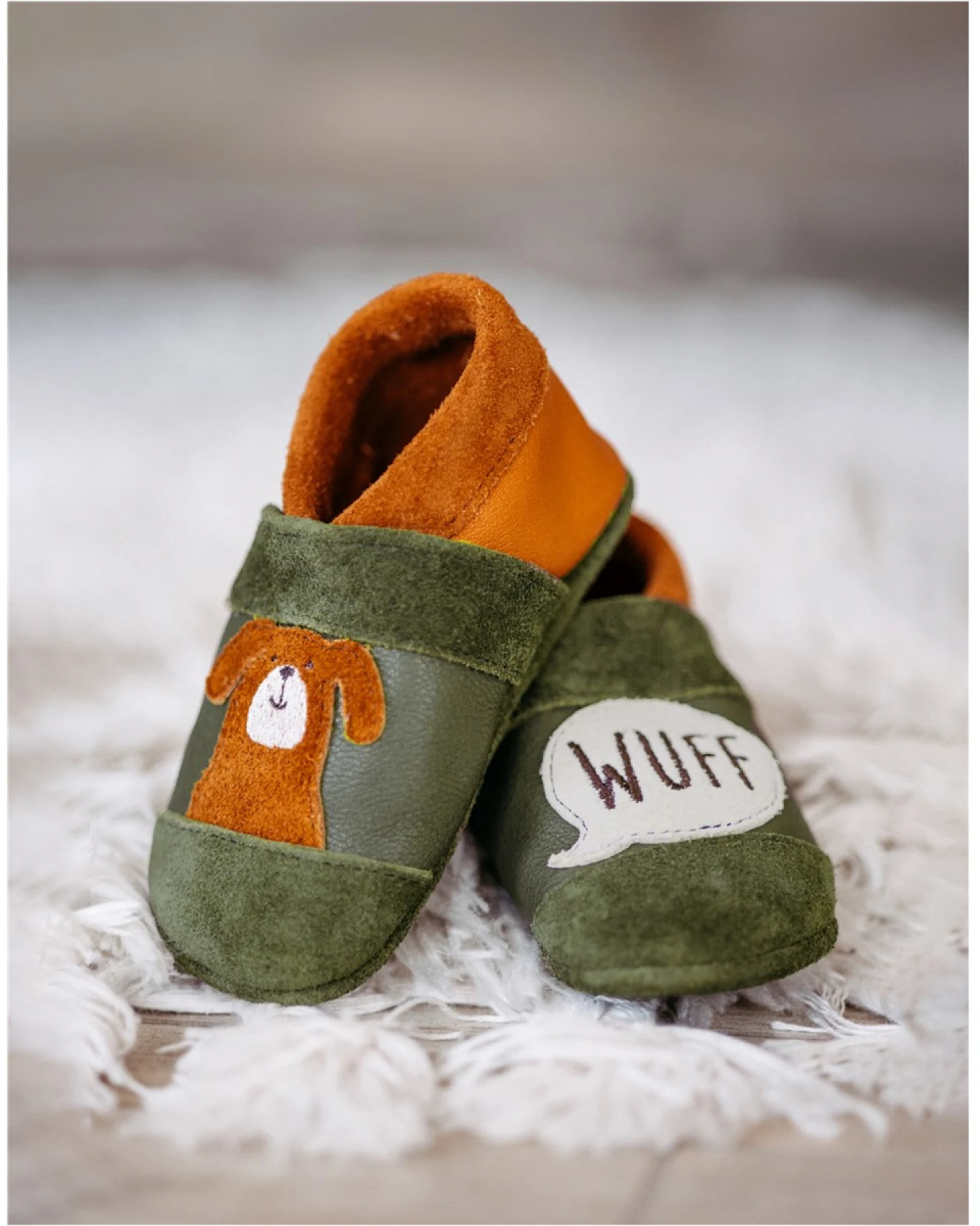 Baby und Kinder Lederpuschen Krabbelschuhe Hund olive Gr.26 – Ansicht 2