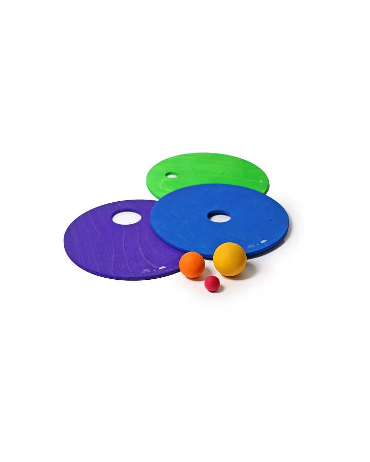 Produktseite: Grimms GRIMM’S x Stapelstein® Kullerscheiben cool rainbow Scheiben Ø 21,4 cm , Kugeln Ø 20,35,45 mm