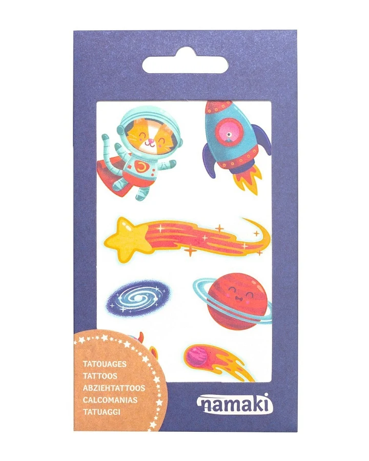 Bio Kindertattoos Weltall, 2 Blatt pro Set Maße 8,50 x 15 cm