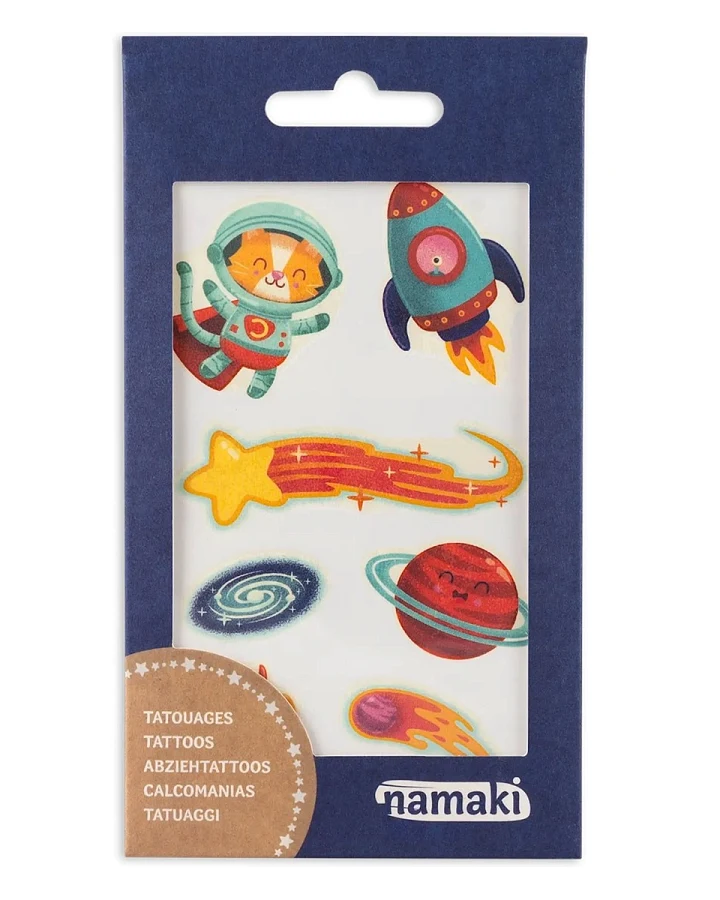 Bio Kindertattoos Weltall, 2 Blatt pro Set Maße 8,50 x 15 cm