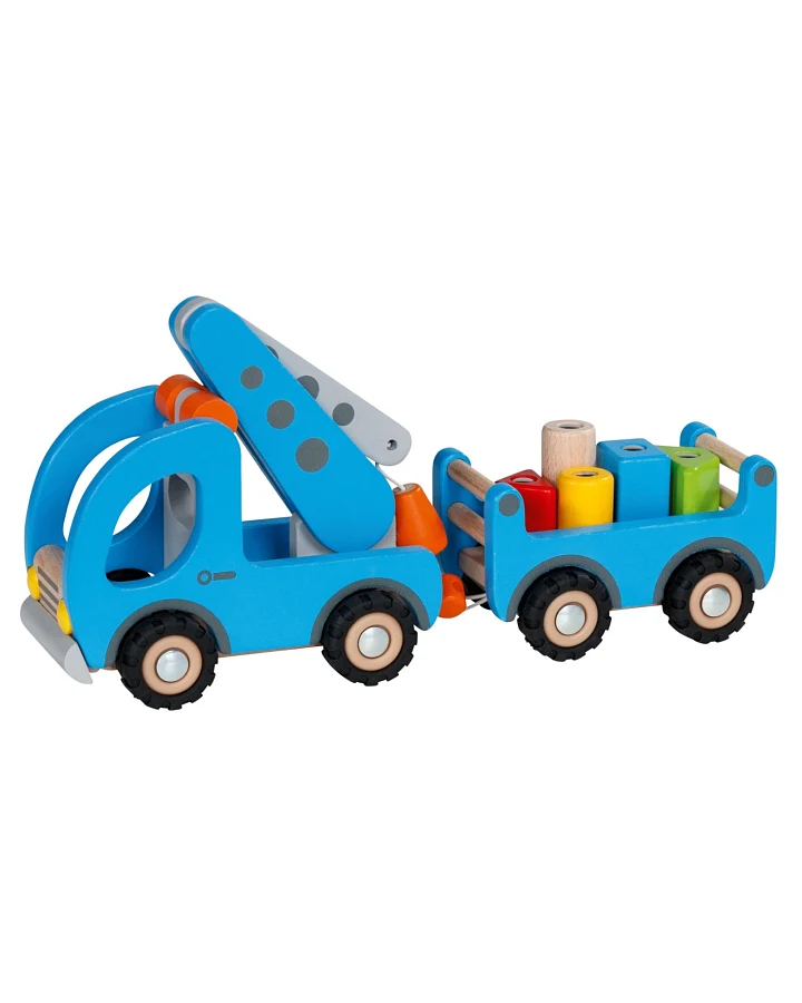 goki Kranwagen aus Holz mit Anhänger, 7-teilig, bunt lackiert Maße 32 x 9 x 16 cm