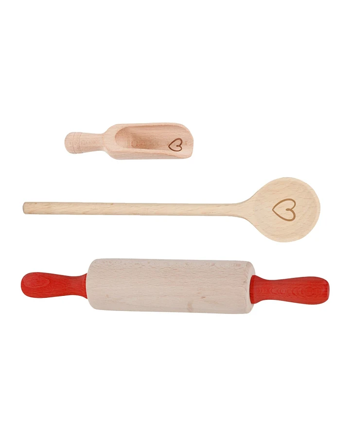 goki Kinder Back-Set, 3 teilig, aus Holz, teilweise bunt lackiert Nudelholz, Kochlöffel und Mehlschaufel