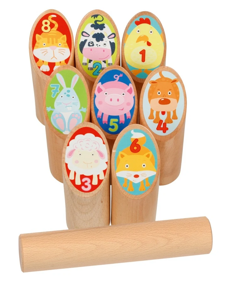 goki Kinder Wikinger Kubb Tiere aus Holz, 9-teilig, bunt lackiert Höhe 14,5 cm, Durchmesser 4,5 cm