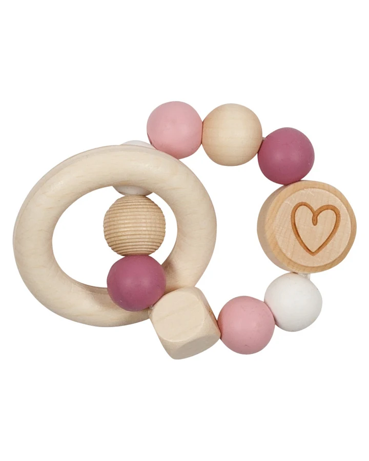 Produktseite: goki Greifling Elastik Herz mit Beißring, bunt lackiert Durchmesser 9 cm