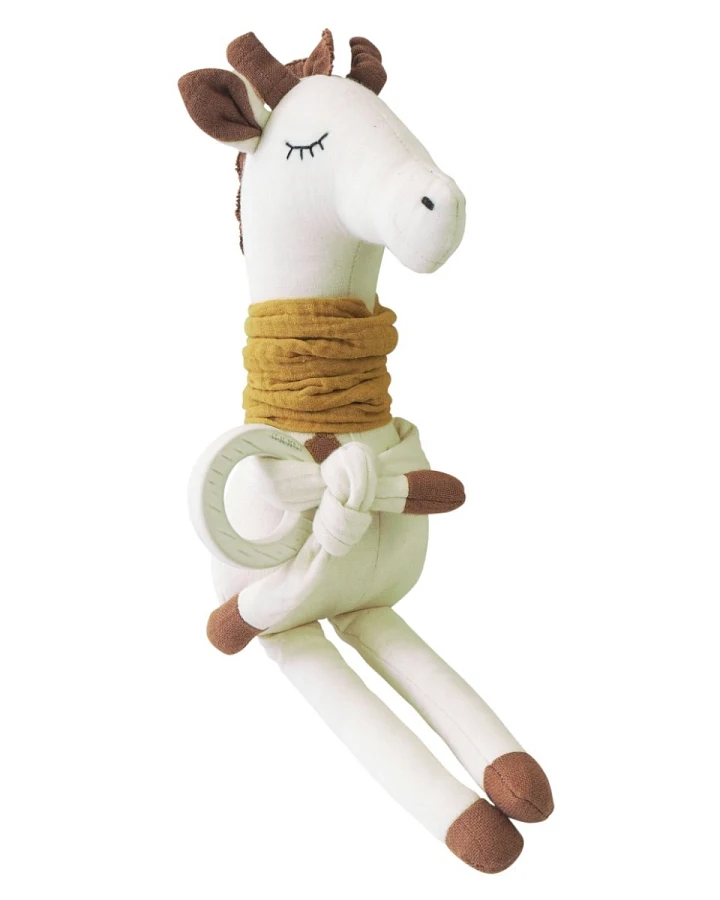 Produktseite: Baby Aktivspielzeug Giraffe aus Bio-Baumwolle mit vielen Funktionen Maße 42 x 16 x 7,5 cm