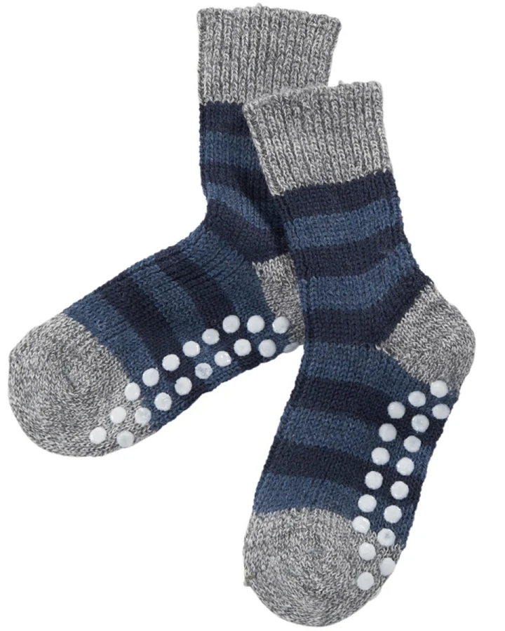 Kinder Stoppersocken Bio-Schurwolle grau-marine-geringelt Gr.18-20