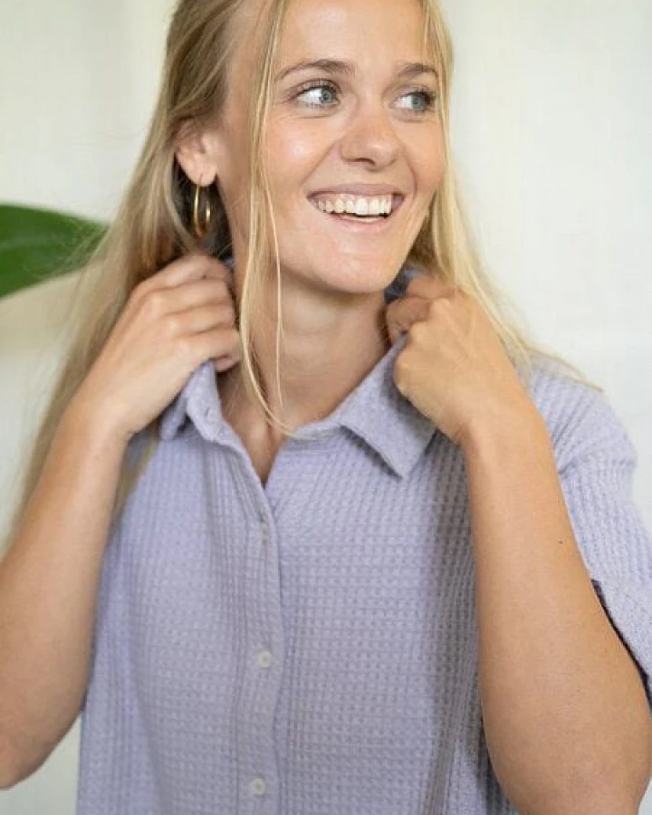FUXBAU Frauen kurzarm Waffelstrick Bluse