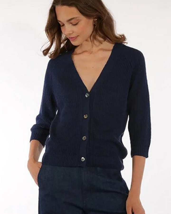 Les Racines Du Ciel FLORE V-Cardigan mit 3/4 Ärmeln aus European Flax-Leinen und Biobaumwolle, Navy