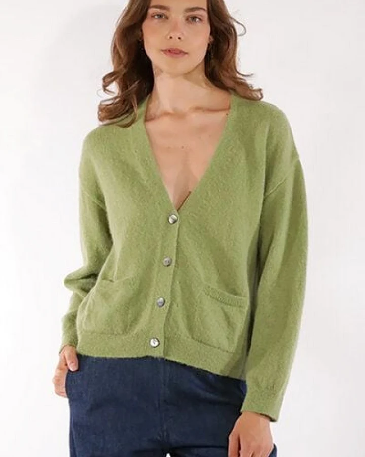 Les Racines Du Ciel GARANCE Strickjacke aus gebürstetem Baby-Alpaka, Pistachio