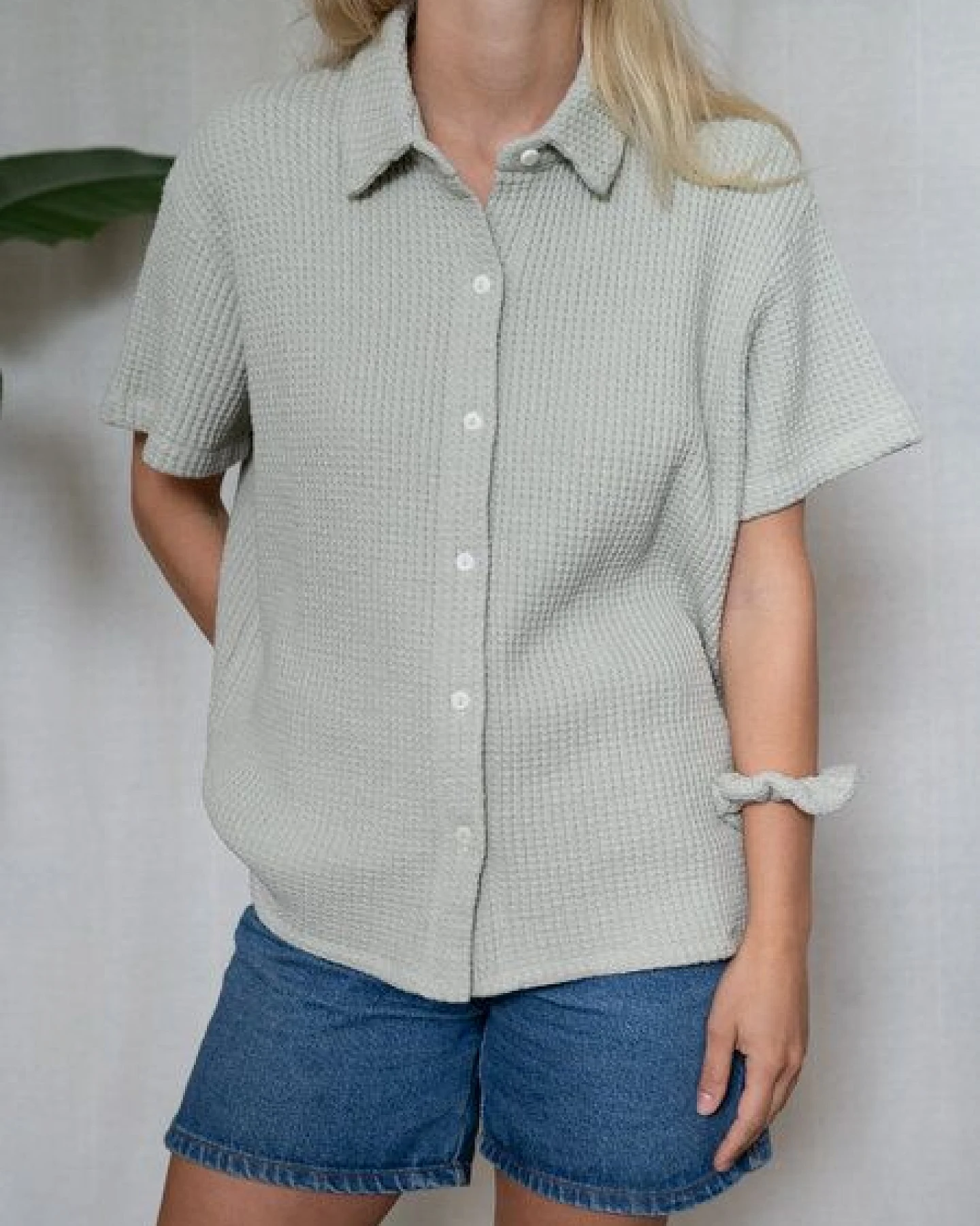 FUXBAU Frauen kurzarm Waffelstrick Bluse – Ansicht 3