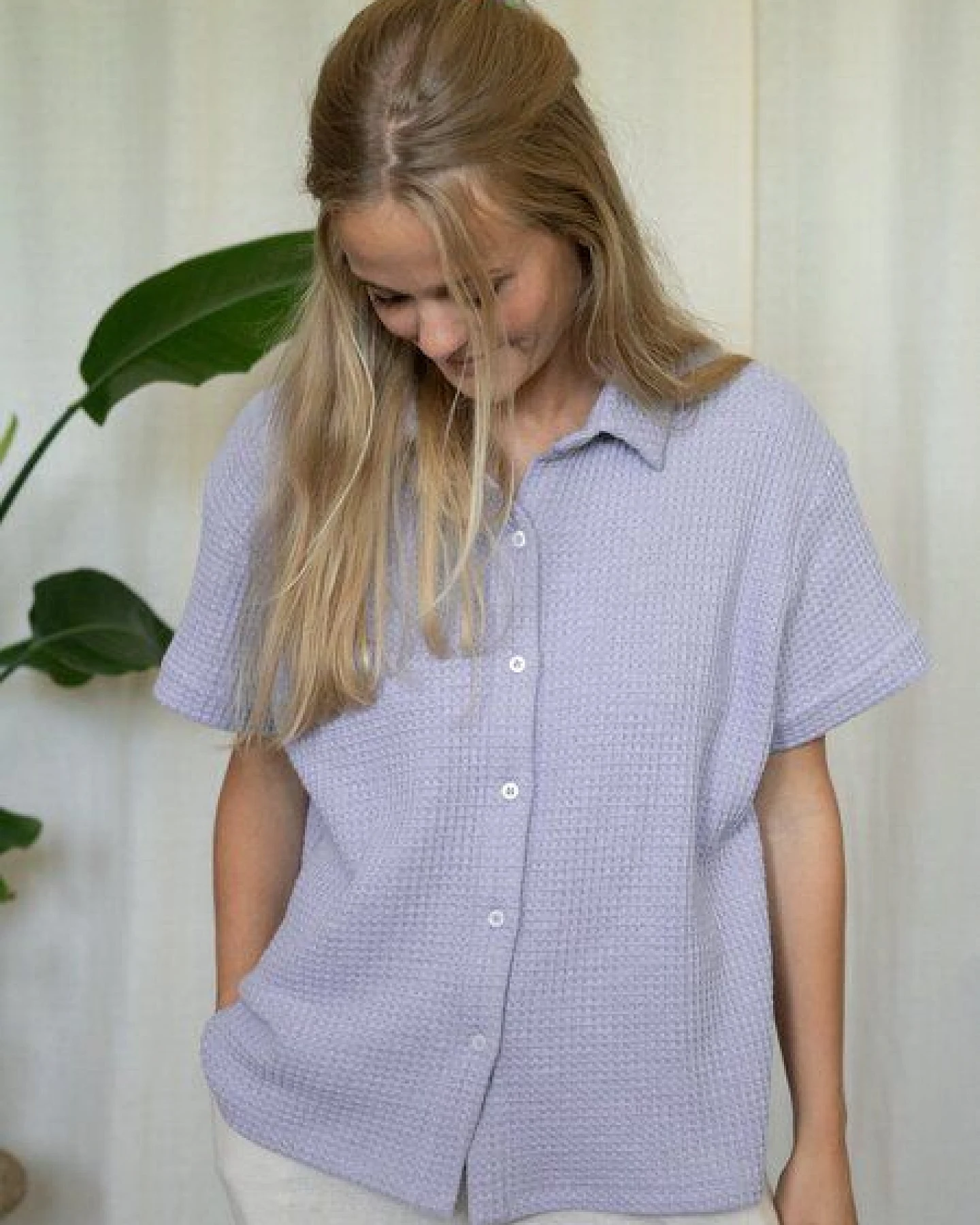 FUXBAU Frauen kurzarm Waffelstrick Bluse – Ansicht 3