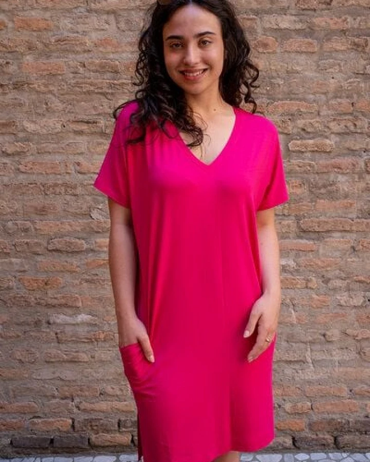 Kleid Saja Reversible – Beidseitig lockeres – Kurzen Ärmeln – Taschen – V-Ausschnitt – 100% in der EU fair produziert – KOKOworld