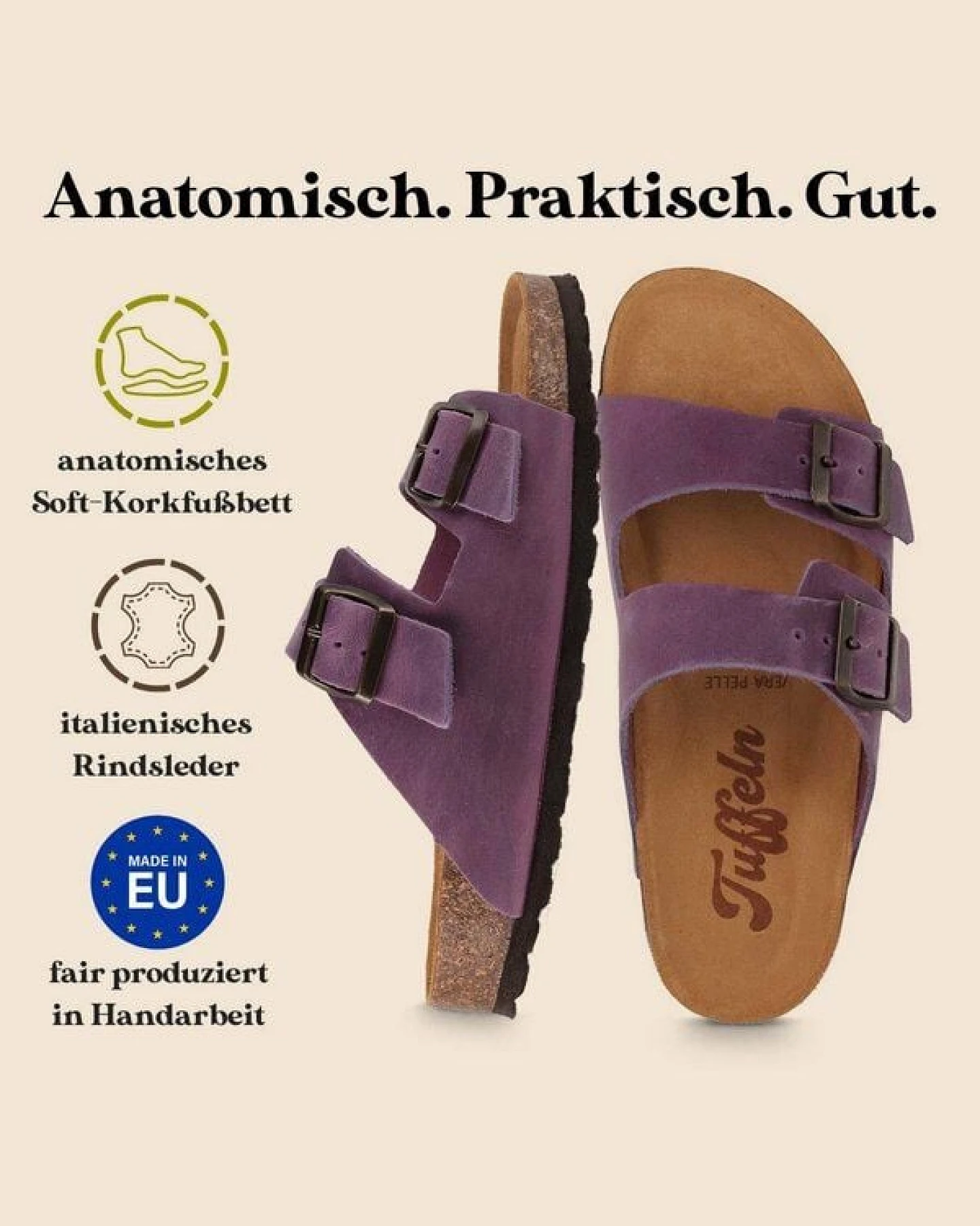 Tuffeln Leder-Pantoletten Föhr mit weichem Kork-Fußbett Zweischnaller-Sandalen – Ansicht 3