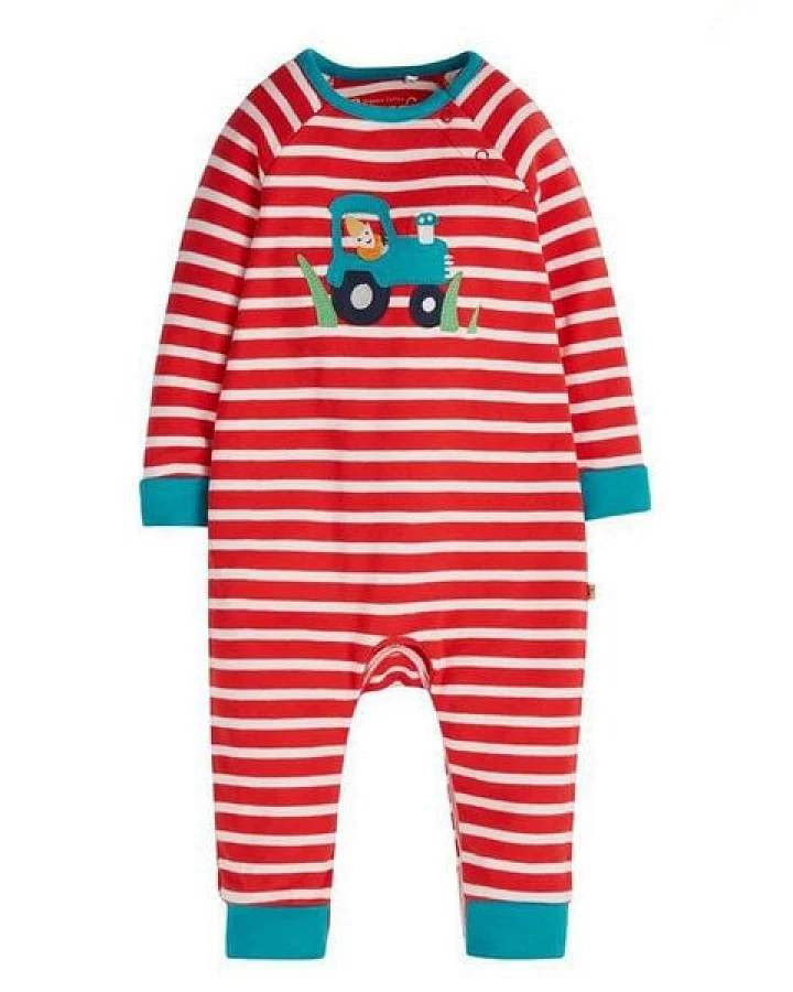 Frugi Baby-Strampler Remy Traktor rot-weiss gestreift Schlafanzug Remy