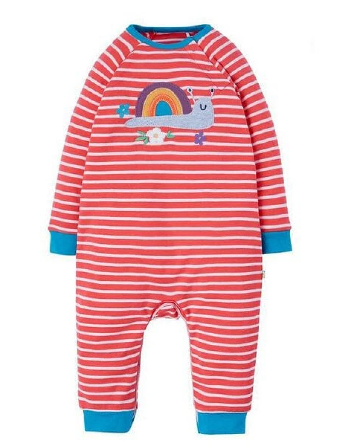 Frugi Baby-Strampler Schnecke melone-weiss gestreift Schlafanzug Remy