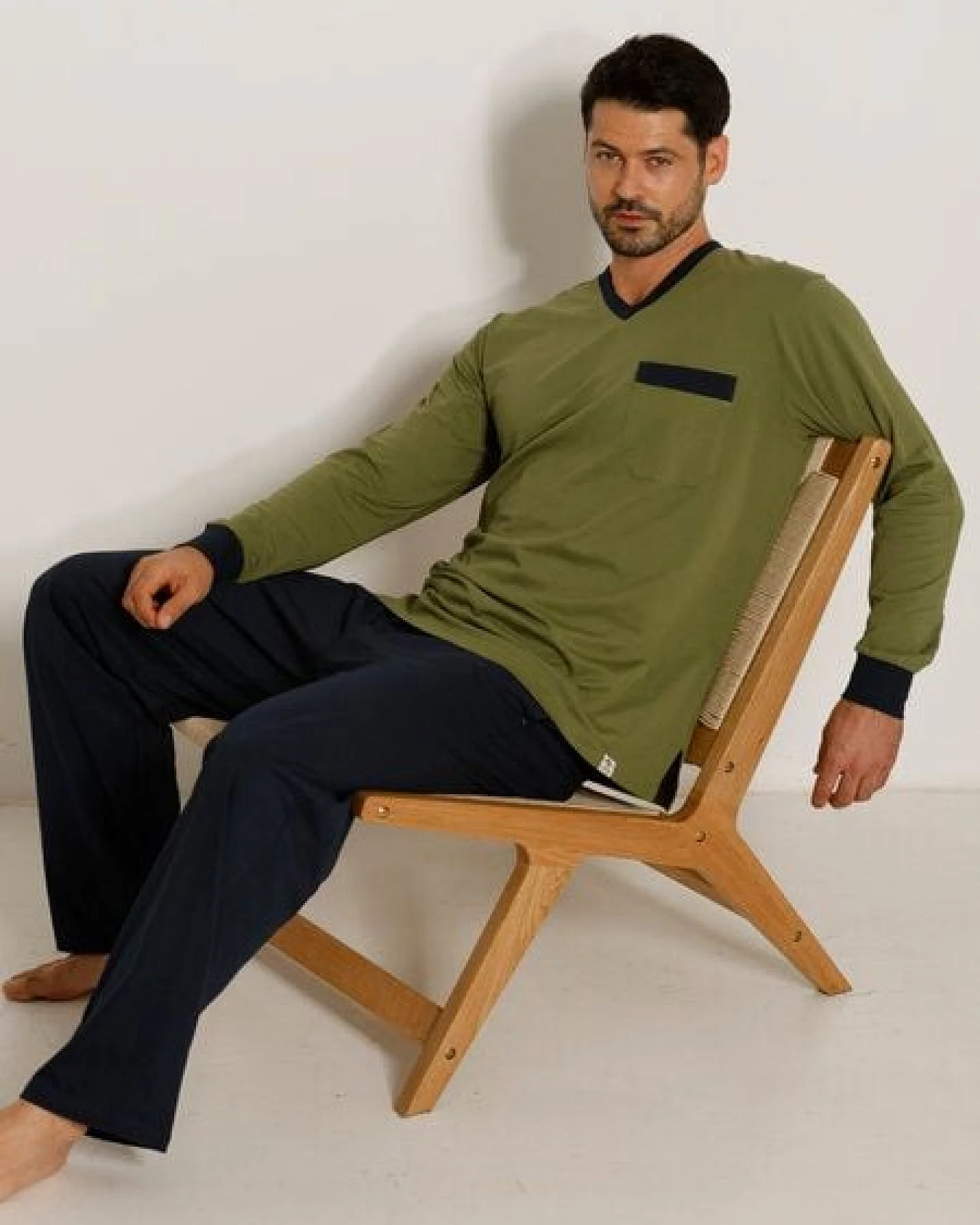 Haasis Bodywear Herren Pyjama V-Ausschnitt, Bio Baumwolle – Ansicht 2