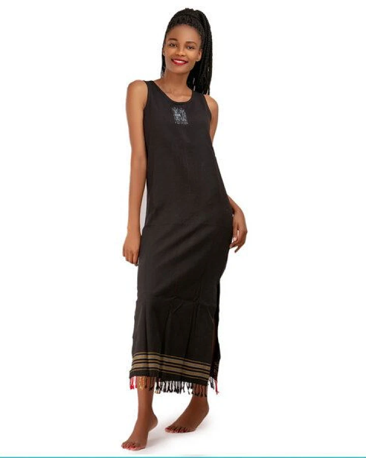 Africulture Kikoy Sommerkleid lang, Strandkleid "Mwezi" mit Afrikanischem Stickmuster, made in Kenia