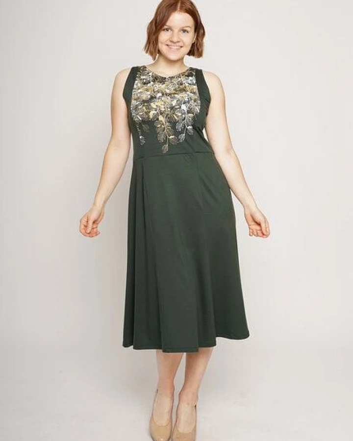 Peaces.bio - handbedruckte Biomode Festkleid Buchenzauber in Dunkelgrün
