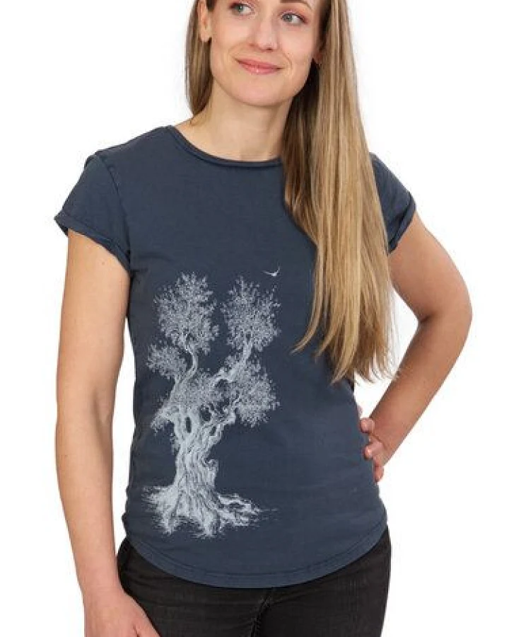 Life-Tree Organic Fairwear Shirt Women "Olive Tree" in Washed Blue/Green/Red