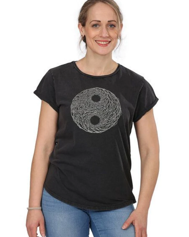 Life-Tree Organic Fairwear Shirt Women "YinYang" in Washed Black/Red