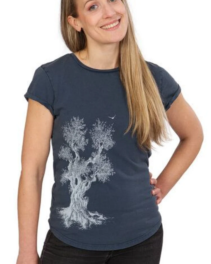 Life-Tree Organic Fairwear Shirt Women Washed Blue Olive Tree