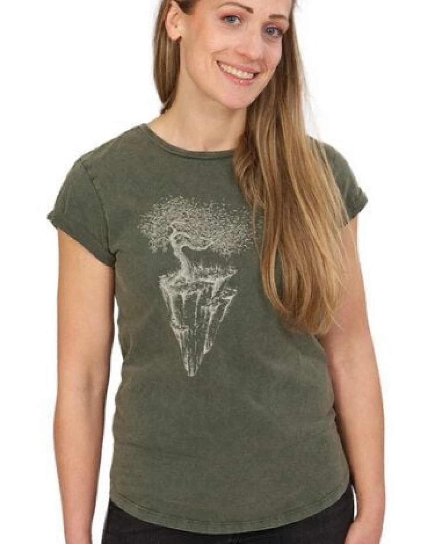 Life-Tree Shirt aus Biobaumwolle Fairwear für Damen "Maple Island" in Washed Green/Washed Blue/Washed Red – Ansicht 3