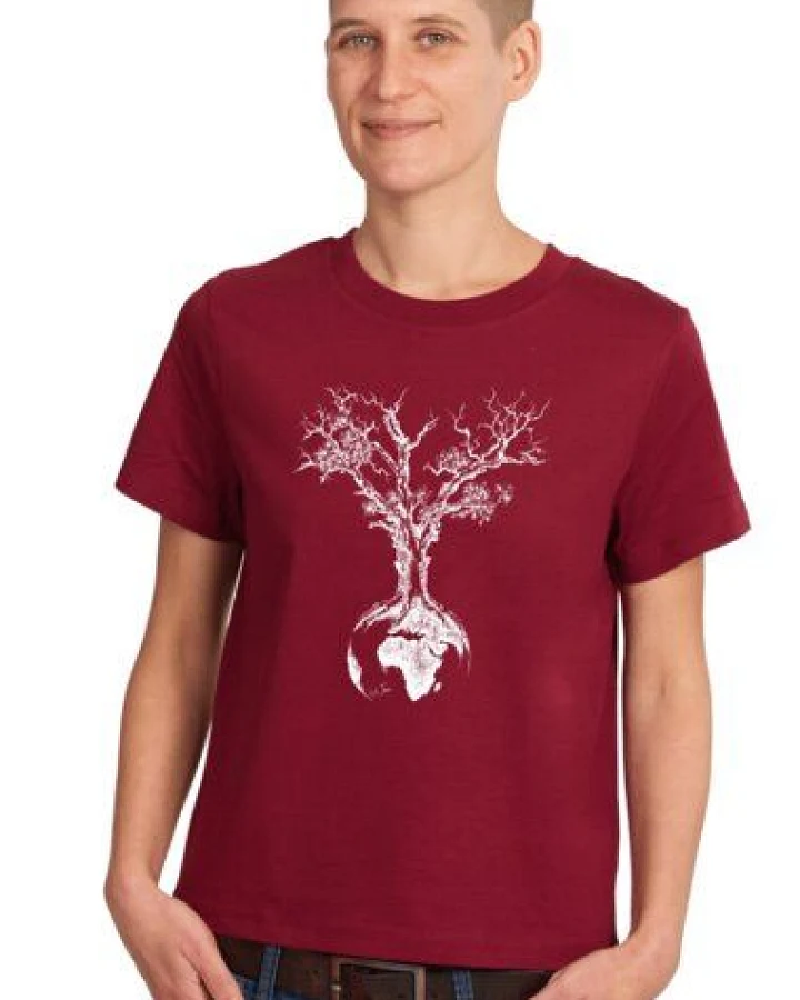 Life-Tree Shirt aus Biobaumwolle Fairwear für Damen "Weltenbaum" in Burgundy Rot/Natural Weiß