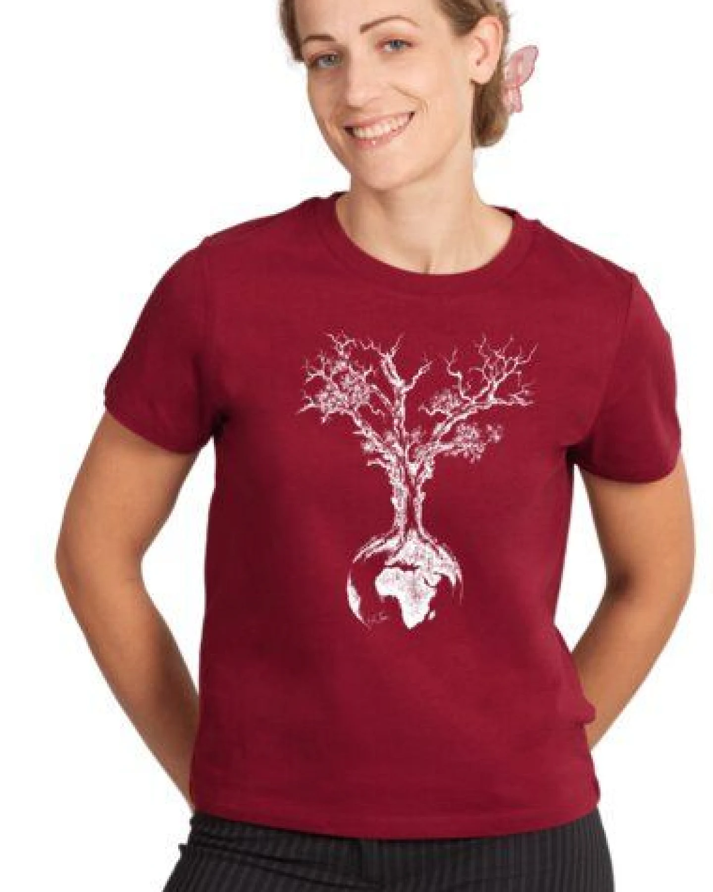 Life-Tree Shirt aus Biobaumwolle Fairwear für Damen "Weltenbaum" in Burgundy Rot/Natural Weiß – Ansicht 3