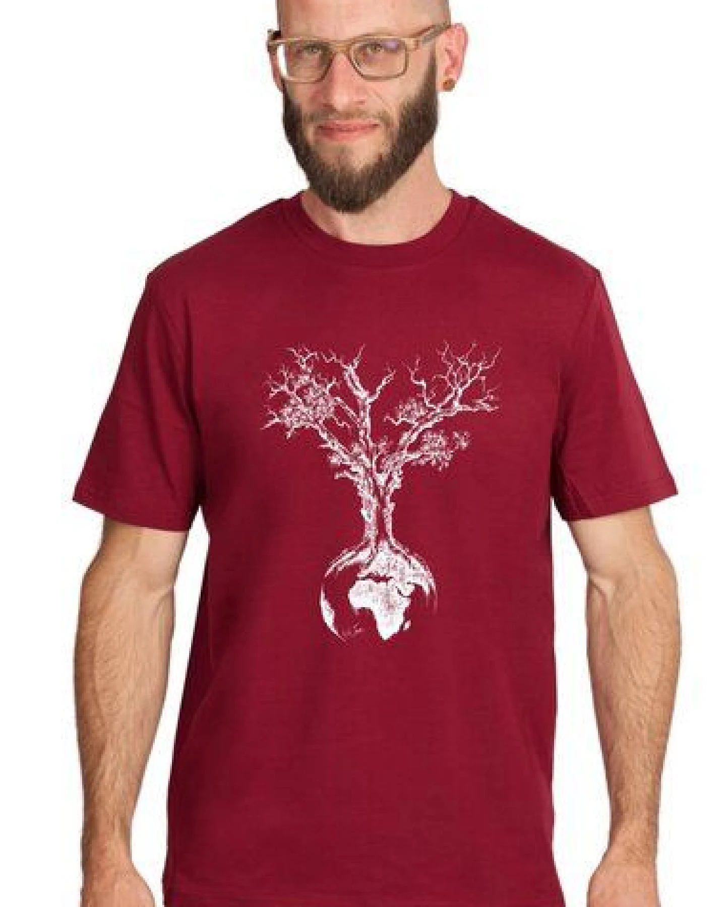 Life-Tree Shirt aus Biobaumwolle Fairwear für Herren "Weltenbaum" in Burgundy Rot – Ansicht 2