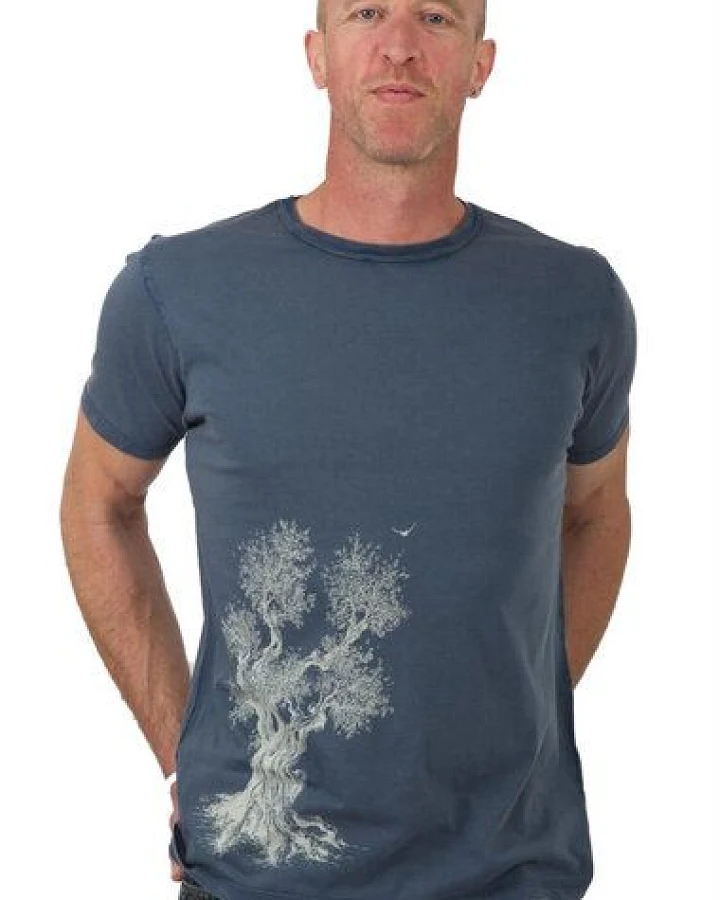 Life-Tree Shirt aus Biobaumwolle für Herren "Olive Tree" in Washed Green/Blue