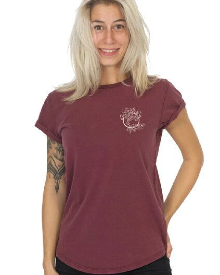Life-Tree Shirt aus Biobaumwolle mit Brustmotiv für Damen "Olive" Stone Washed Green/Red/Blue