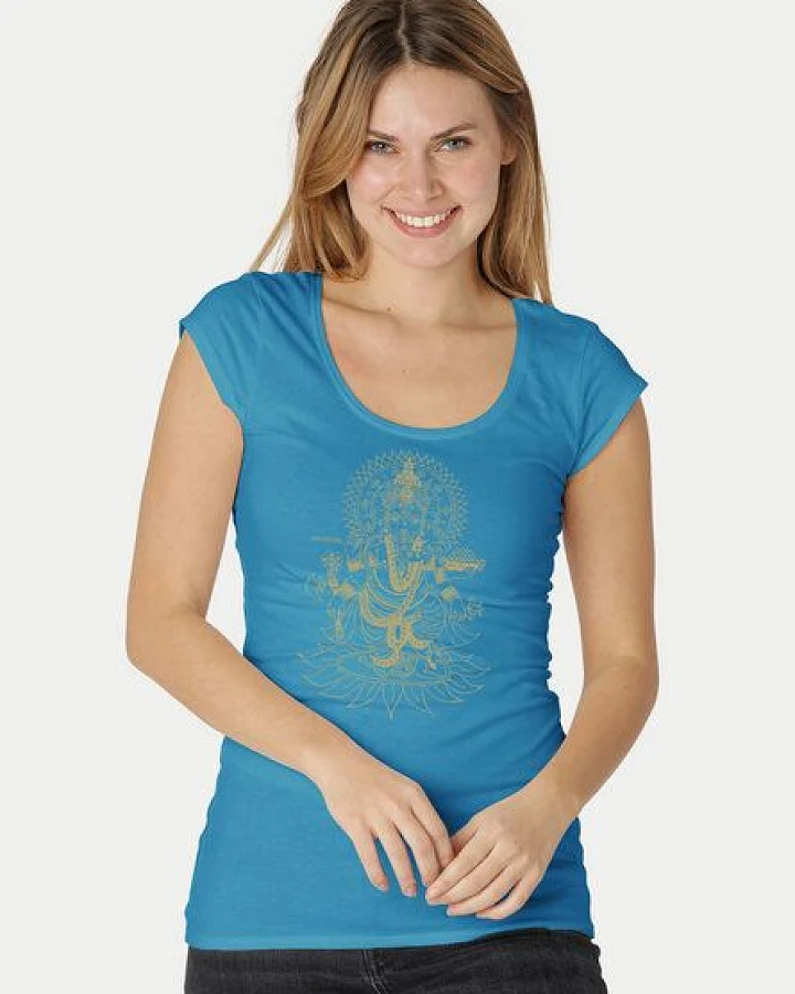 Peaces.bio - handbedruckte Biomode Bio-Damen-Roundneck-Shirt "Ganesha"