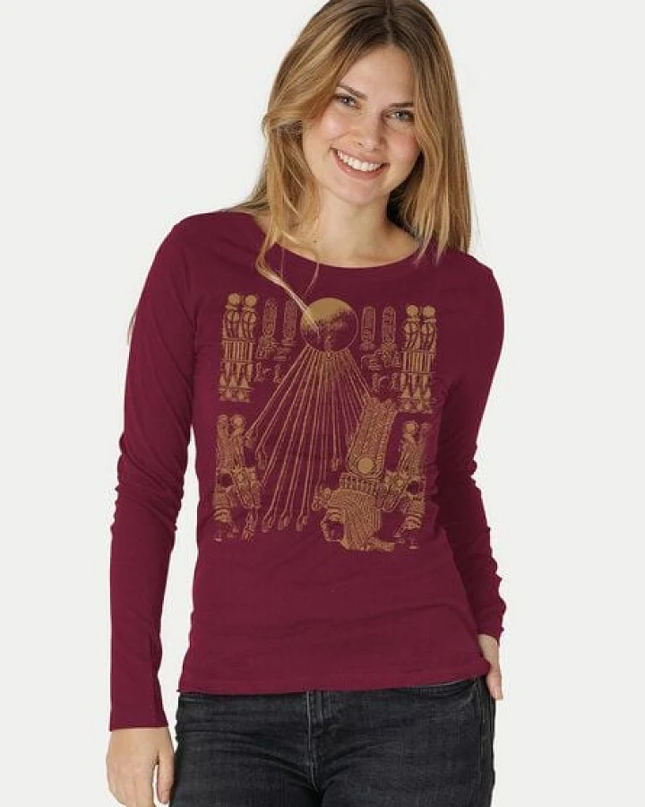 Peaces.bio - handbedruckte Biomode Langarmshirt Damen Sonnenscheibe Aton