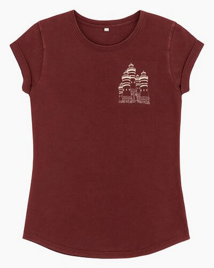 ilovemixtapes Bio Damen T-Shirt "Leuchtturmland" – Stone Washed Burgundy mit Leuchtturm Illustration