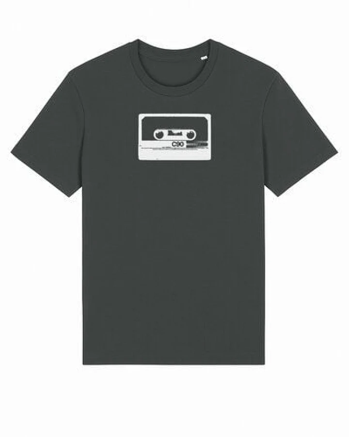 ilovemixtapes Unisex Bio-T-Shirt mit C90 Kassetten-Motiv – Anthrazit, handbedruckt in Weiß