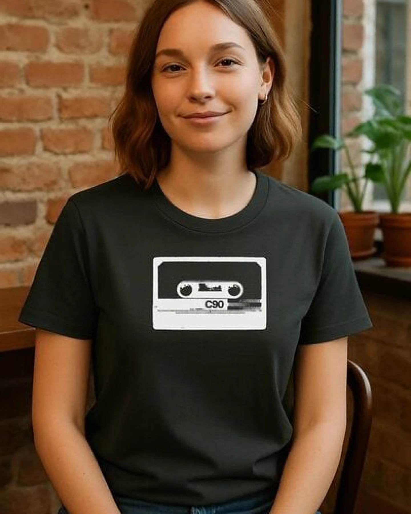 ilovemixtapes Unisex Bio-T-Shirt mit C90 Kassetten-Motiv – Anthrazit, handbedruckt in Weiß – Ansicht 4