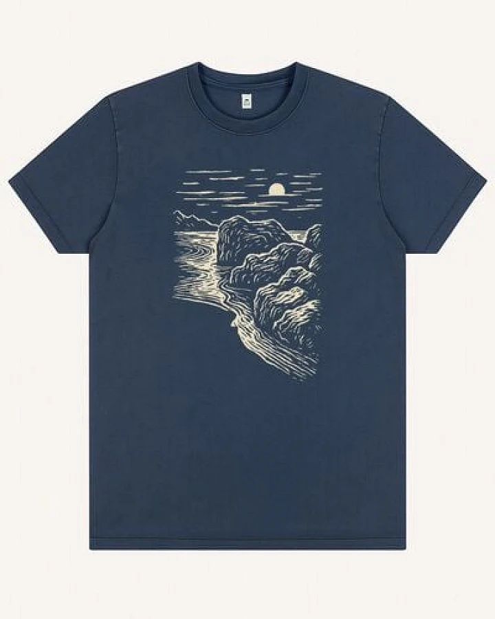 ilovemixtapes Unisex T-Shirt „Black Beach“ – Stone Washed Denim Blue, Bio-Baumwolle, Earth Positive
