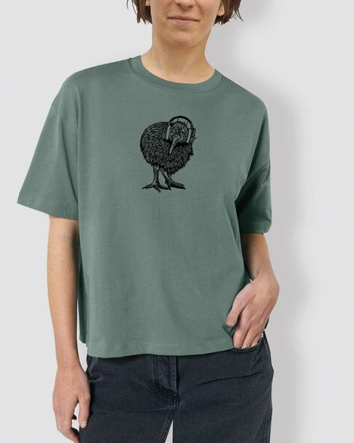 little kiwi Damen T-Shirt, „Kiwi mit Kopfhörer“, locker geschnitten