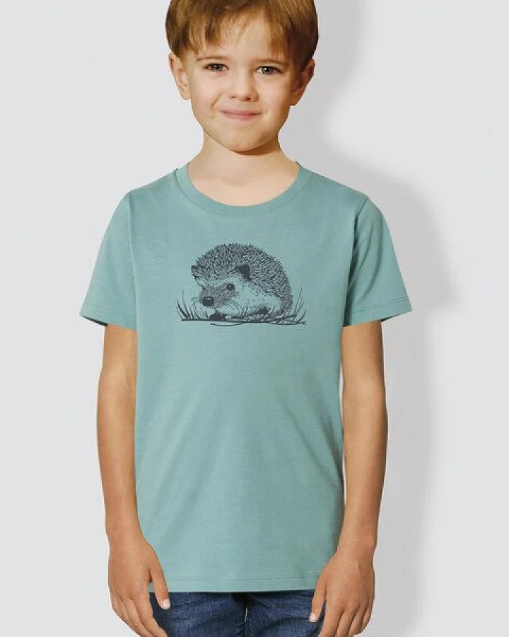 little kiwi Kinder T-Shirt, "Igel",Ocker, Teal Monstera