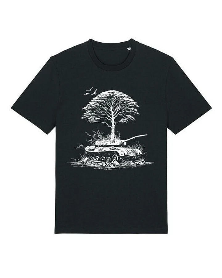 roots of compassion T-Shirt Frieden in der Natur (Panzer & Baum) bio, fair, vegan - weiter Schnitt - peace, Pazifismus, Utopie