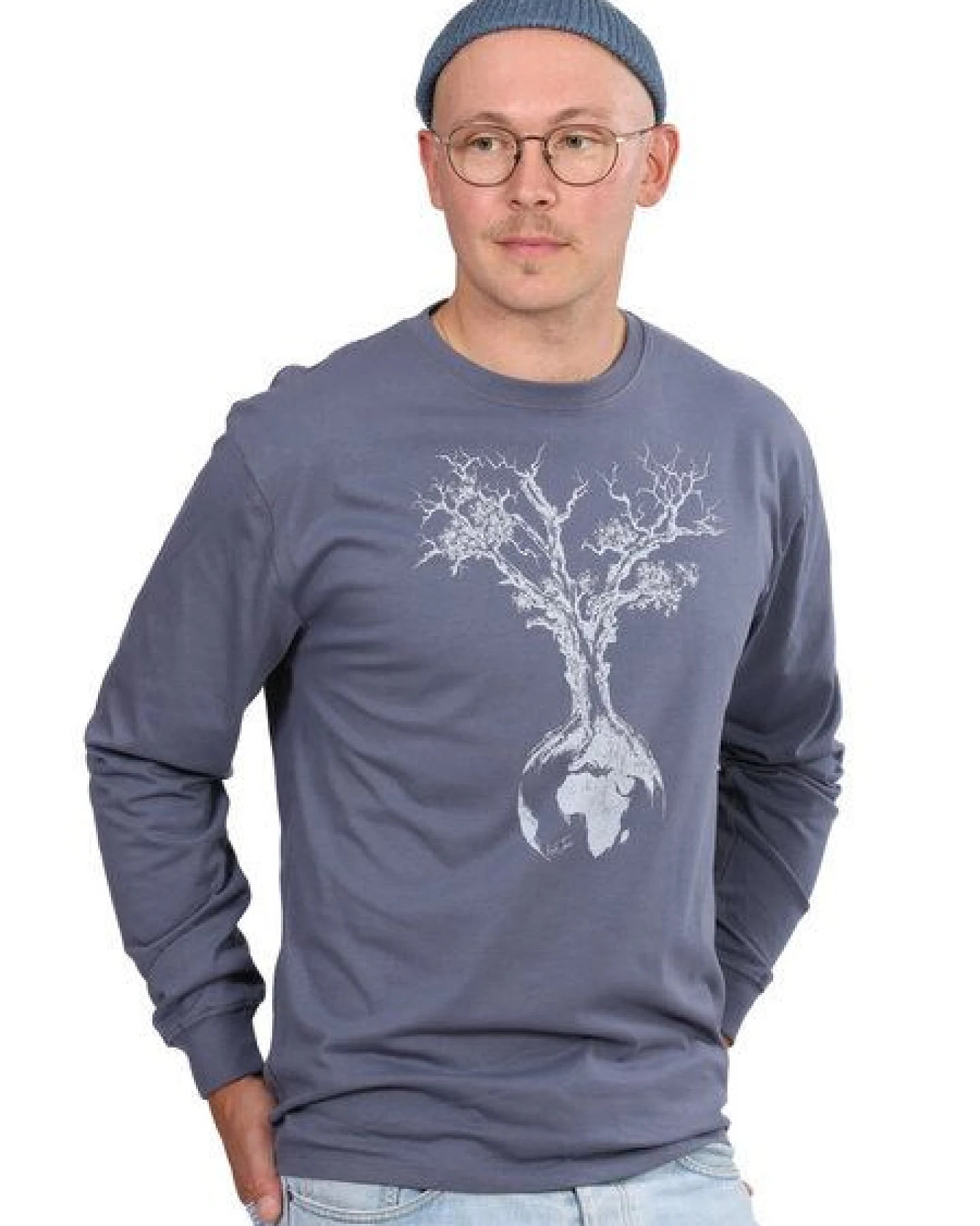 Life-Tree Fairwear Organic Longsleeve Shirt Men Faded Navy Weltenbaum – Ansicht 3