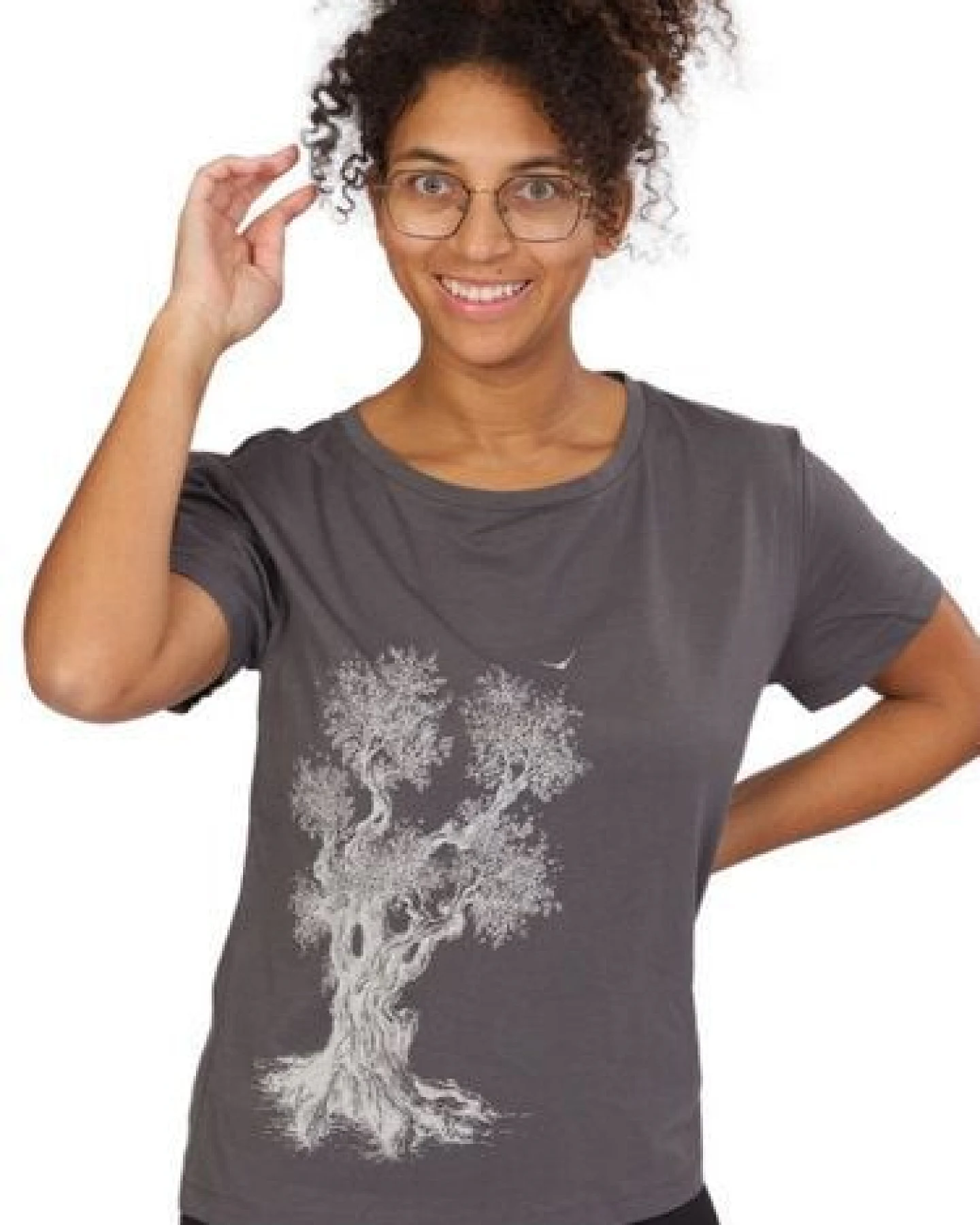 Life-Tree Organic Fairwear Loose Fit Shirt Women Anthrazite Olive Tree – Ansicht 2