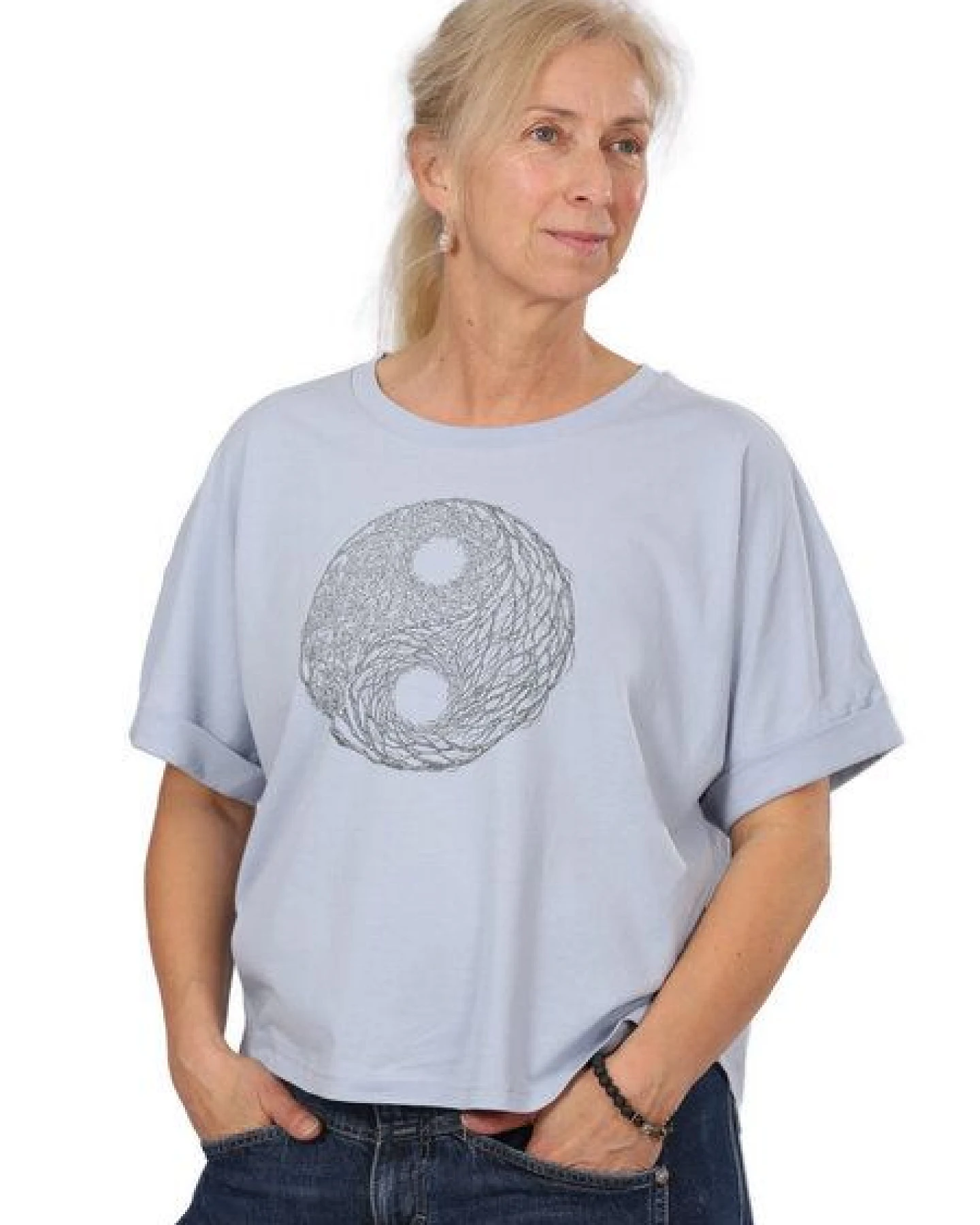 Life-Tree Organic Fairwear Oversize Fit Shirt Women "YinYang" in Navy Blue/ Serena Blue – Ansicht 3