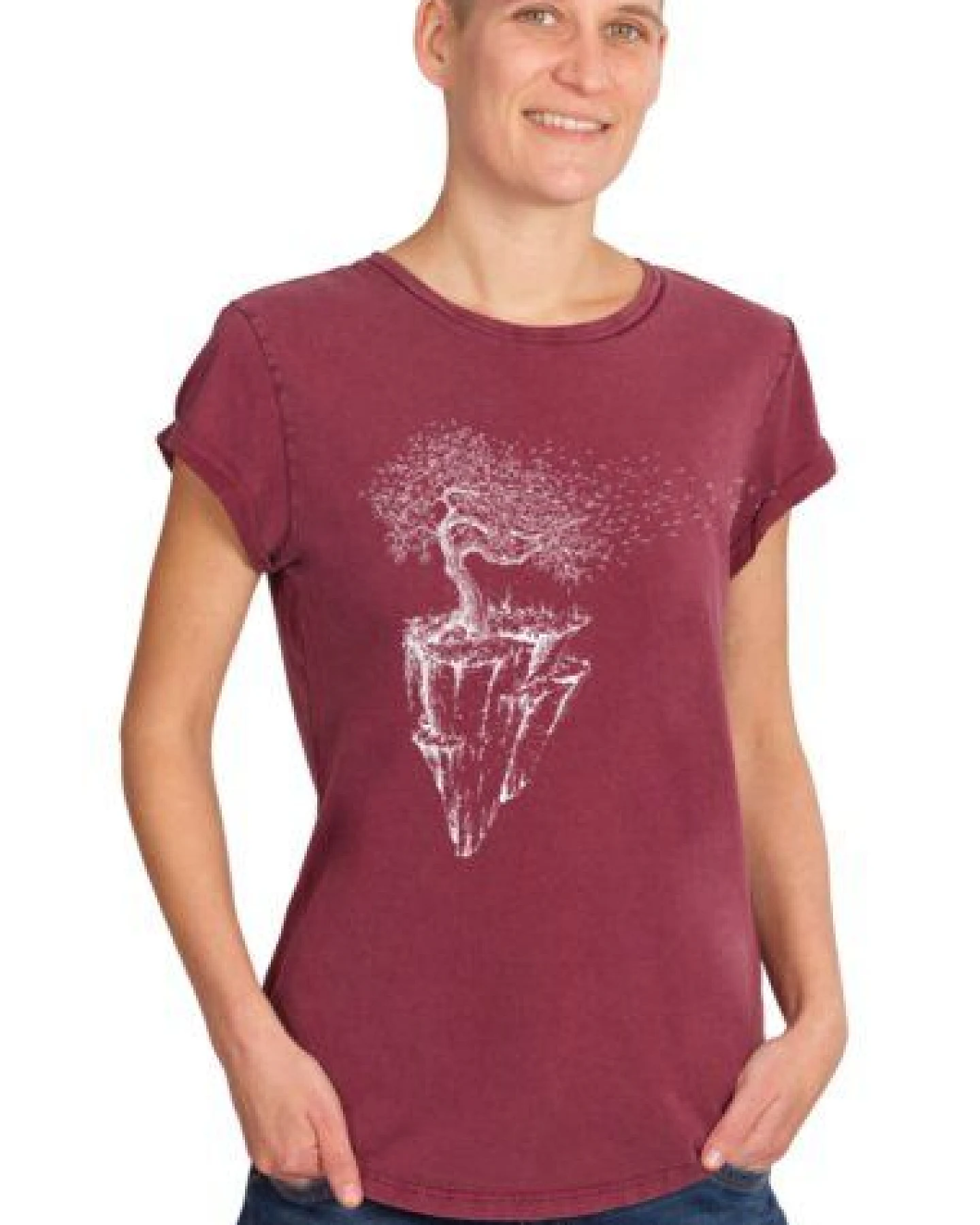 Life-Tree Shirt aus Biobaumwolle Fairwear für Damen "Maple Island" in Washed Green/Washed Blue/Washed Red – Ansicht 3