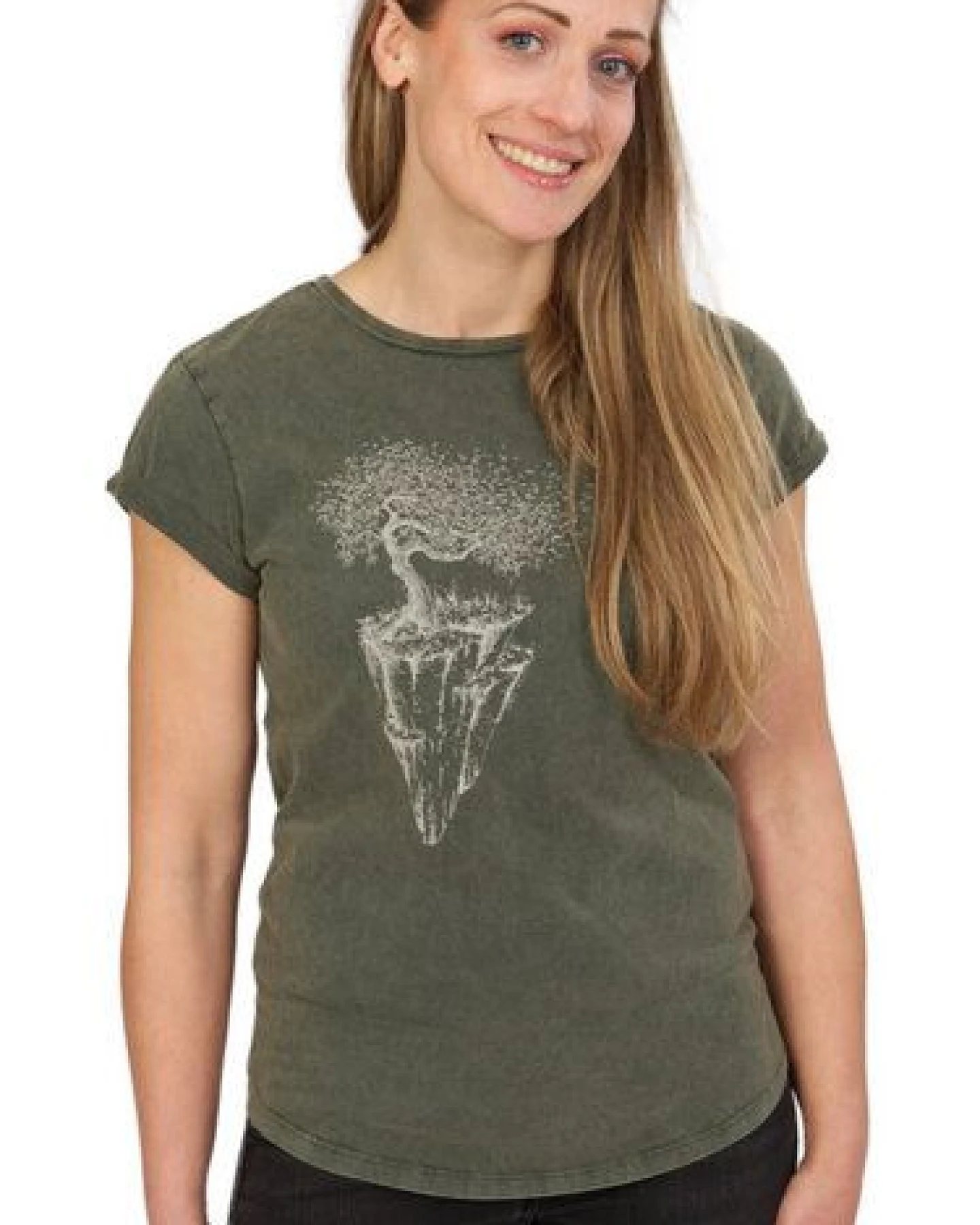 Life-Tree Shirt aus Biobaumwolle Fairwear für Damen "Maple Island" in Washed Green/Washed Blue/Washed Red – Ansicht 3
