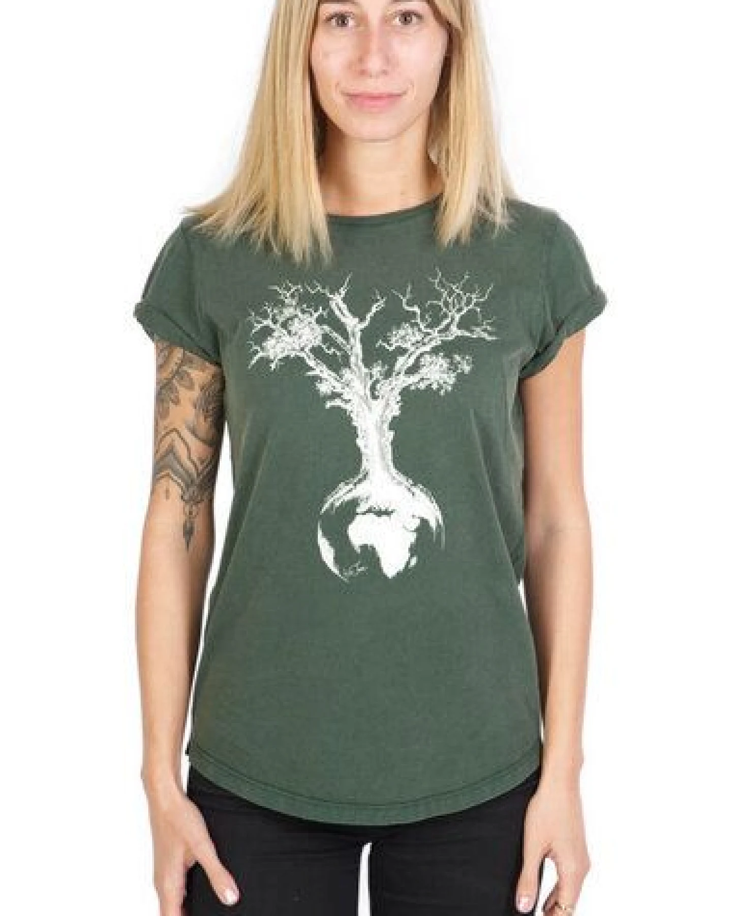 Life-Tree Shirt aus Biobaumwolle Fairwear für Damen "Weltenbaum" in Washed Green/Washed Blue – Ansicht 3